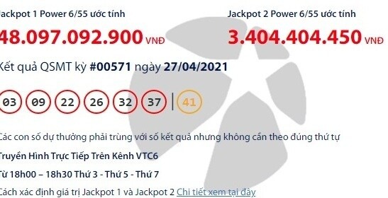 Kết quả Vietlott Power 6/55 ngày 27/4: Jackpot giá trị hơn 48 tỷ đồng tiếp tục đợi chủ